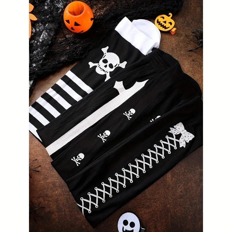 Gothic Overknee-Strümpfe, gestreifte Schnürstrümpfe mit Totenkopf-Kreuzmuster für Halloween, Cosplay, Party, Punk, Gothic-Alltagskleidung – Detail 8
