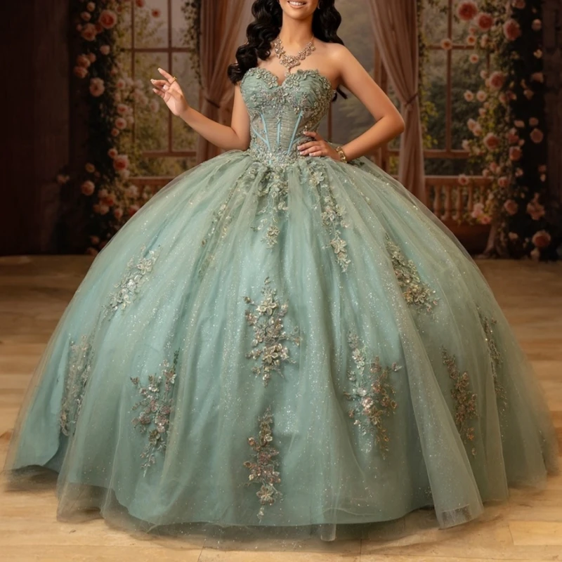 Green Glitter Quinceanera Dresses Off Shoulder Ball Gown Sweet 16 Dress Applique Lace Beading Crystal Tull Party Birthday Vestid