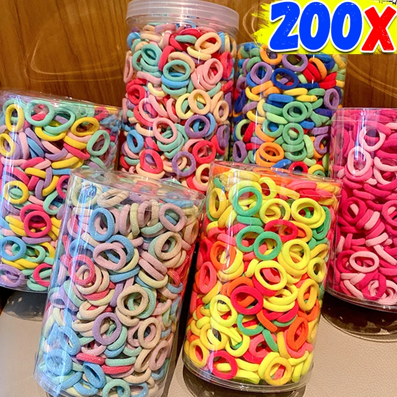 100/200PCS Colorful Basic Nylon Ealstic Hair Ties for Girls Ponytail Hold Scrunchie Rubber Band Kids Basic Hair Accessories