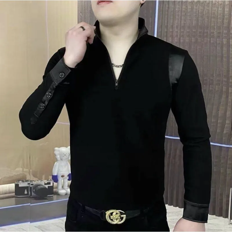 Alta qualidade pu emenda manga comprida camiseta masculina primavera outono meio zip sweatshirts casual negócios pulôver base camisa 4xl