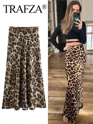 TRAFZA 2024 Summer Woman Leopard Print Skirt Vintage High Waist Loose Midi Skirts Chic Elegant Casual Streetwear Women's Skirt