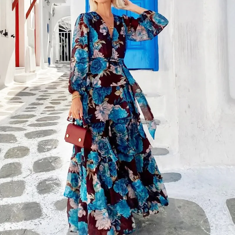 

Women Dresses Print Dress Lace Up A Line V Neck Long Sleeves Ankle Length Empire Cinched Waist Slight Strech Casual 2026 Spring