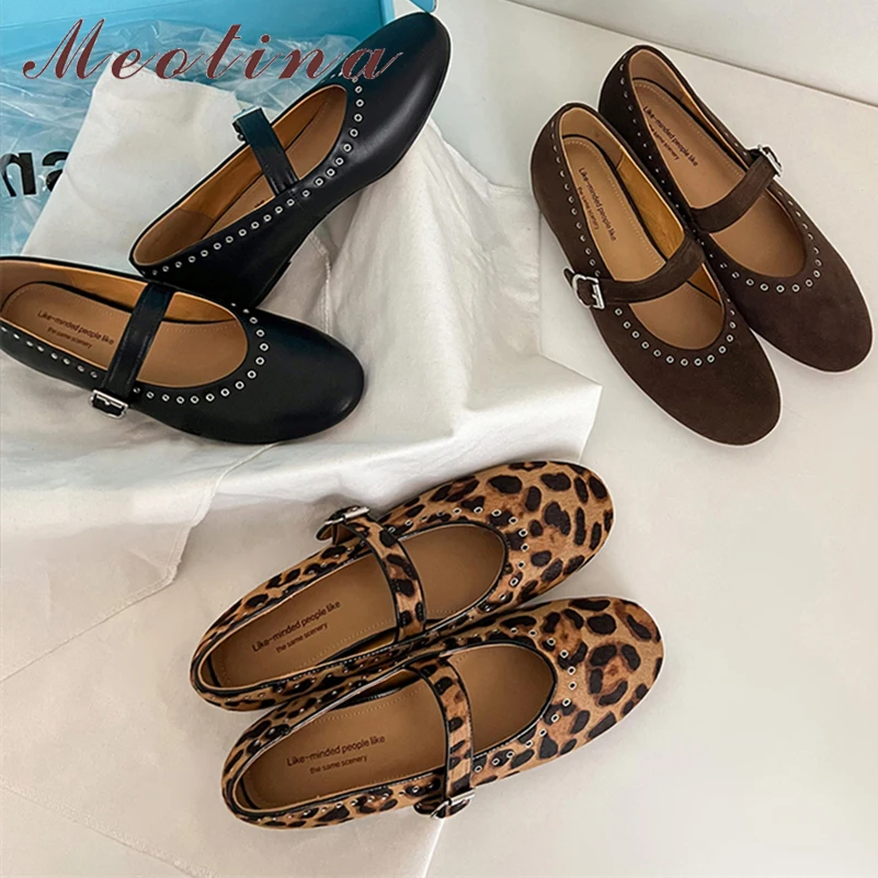 Meotina Women Genuine Leather Mary Janes Round Toe Flat Buckle Horsehair Glove Shoes Ladies Fashion Shoes Spring Autumn Brown 40