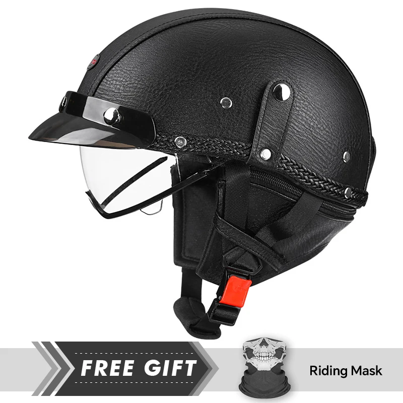DOT Approved Men Women Half Face Motorcycle Helmets Leather Low Profile Half Helmet Chopper Biker Pilot 1/2 Half Helmet Adult