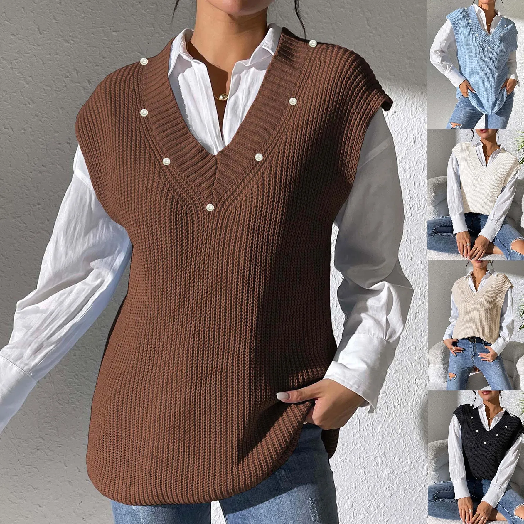 

Женский вязаный жилет с V-образным вырезом, украшенный жемчугом, тонкий, однотонный, весна-осень