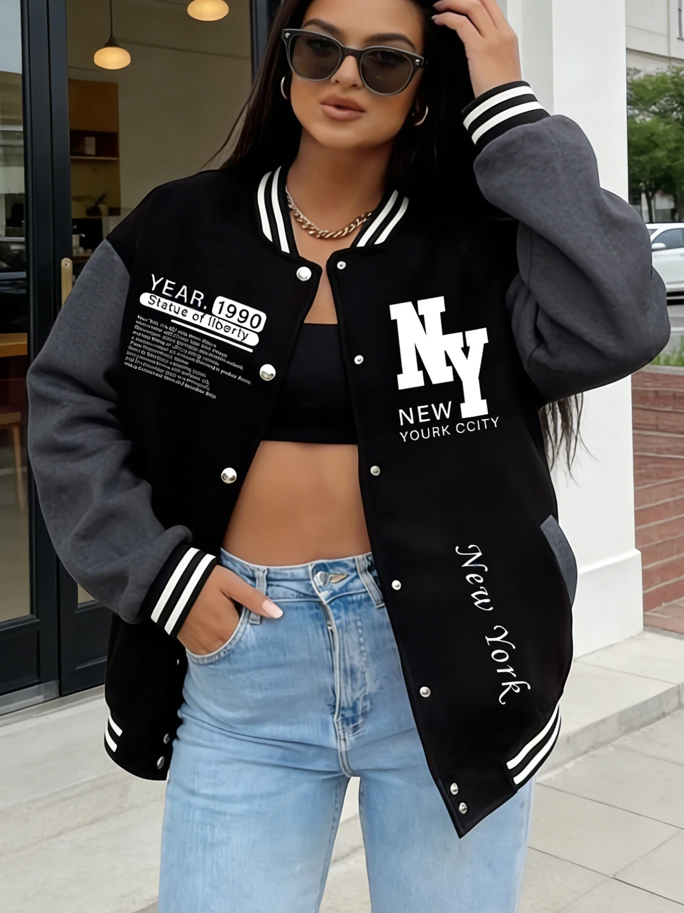 

Женская бейсбольная куртка большого размера New York 1990, Повседневное университетское пальто с принтом Статуи Свободы, уличная верхняя одежда, модная куртка