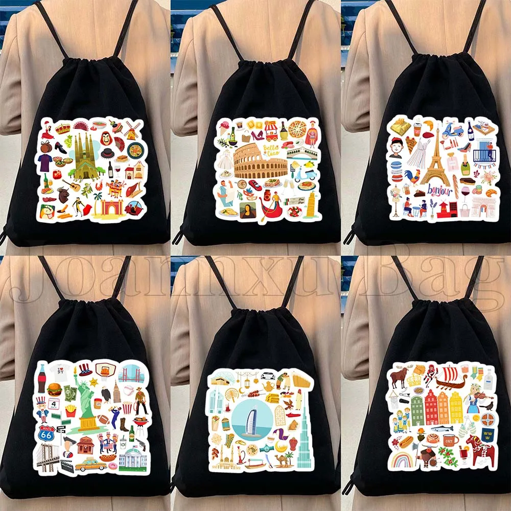 

Spain Brazil Canada France Greece Sweden Italy Mexico Russia Japan Travel Icons Canvas Drawstring Backpack Sackpack String Bag