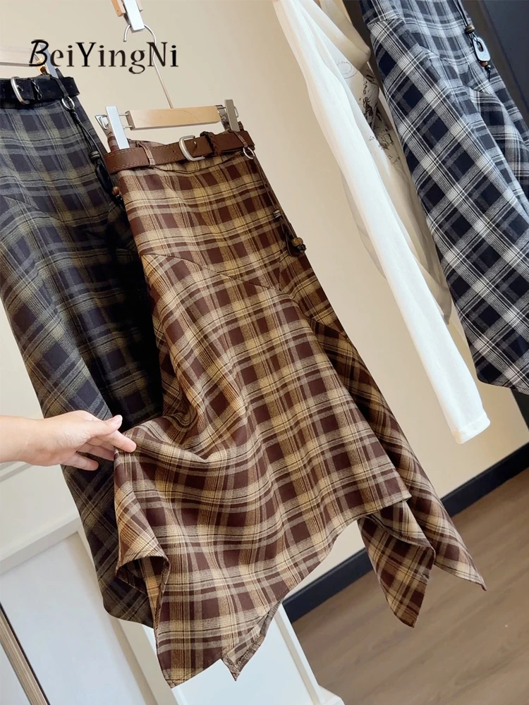 Beiyingni Casual High Waist Irregular Skirts Women Vintage Y2K Plaid Mid-Calf Skirt Female Hotgirls Autumn Winter Green Faldas