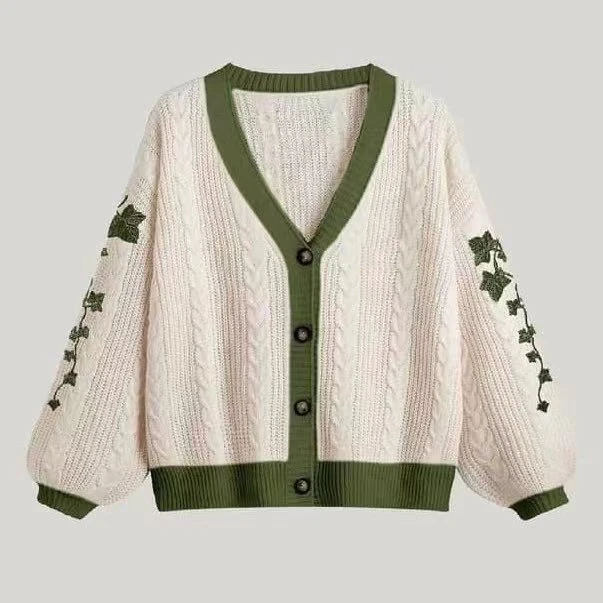 Cute Lantern Sleeve Knitted Cardigan Autumn Warm Embroidery Sweater Women Casual V-neck Single Breasted Sweater Coat Y2k