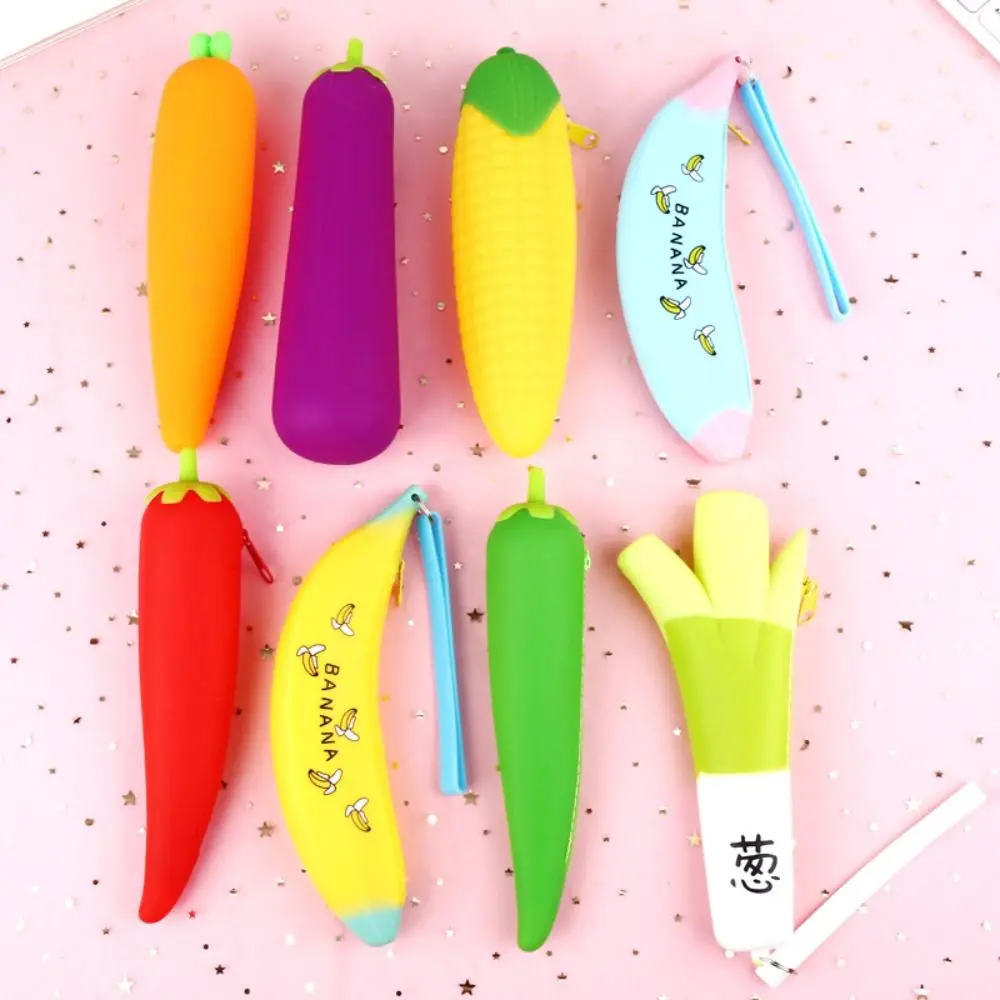 Kawaii Silicone Fruit Vegetable Pencil Case with Zipper Fruit Vegetable Student Pen Case Waterproof Makeup Cosmetic Pocket