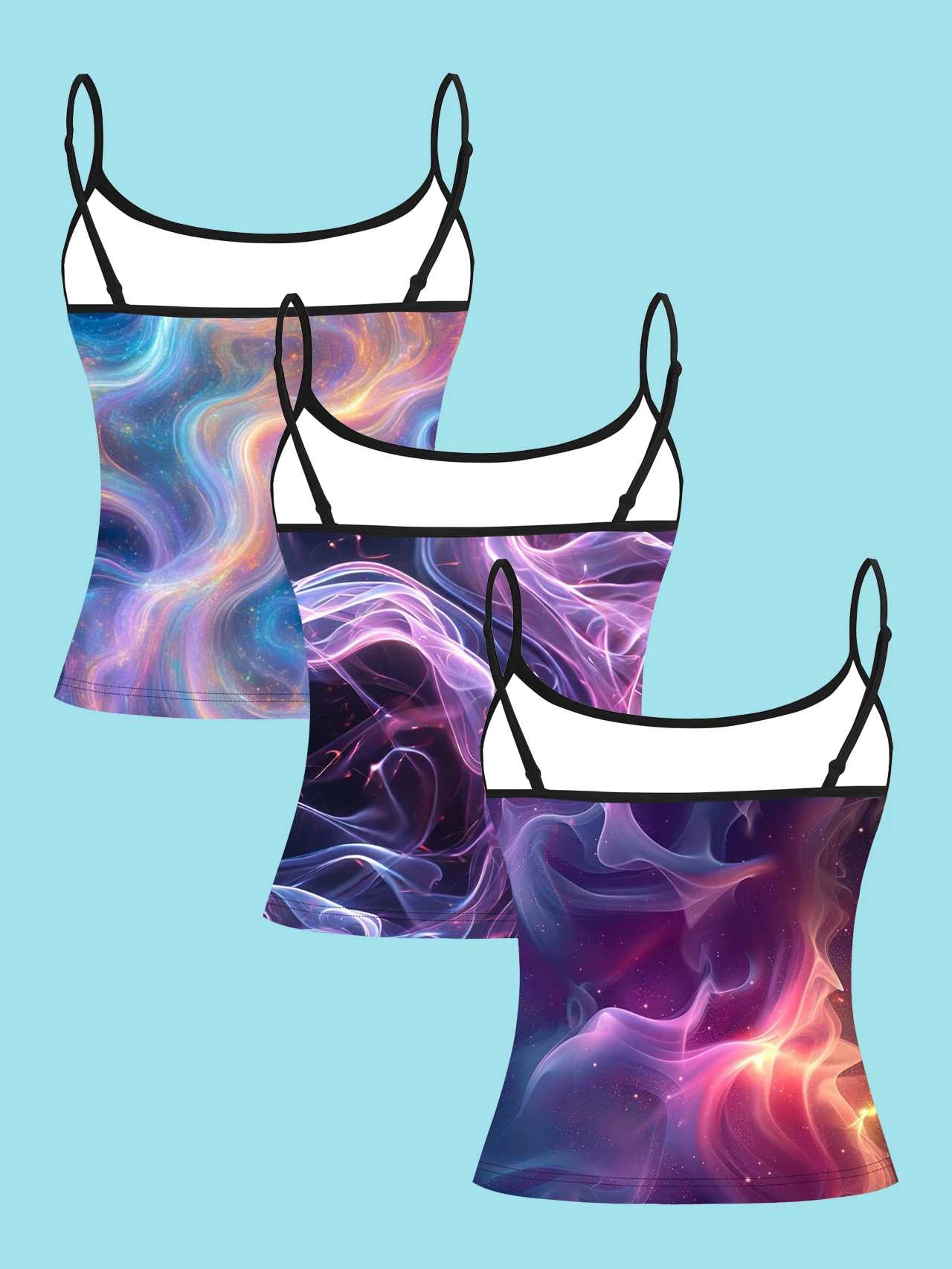 3-Pack Women's Aurora Iridescent Smoke Print Camisole Cyber Style Colorful Purple Smoke Nebula Shimmer Slim-Fit Spaghetti Strap Sleeveless Base Top