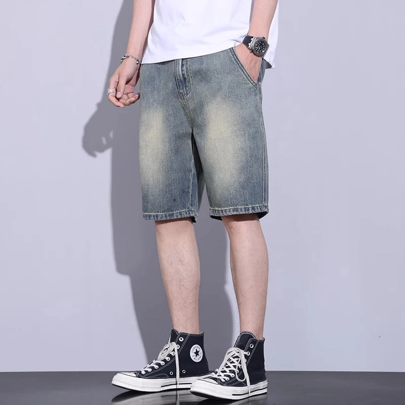 

Summer Men Lightweight Casual Loose Stretch Shorts Male Vintage Versatile Washed Denim Short Pants American High Street Jeans