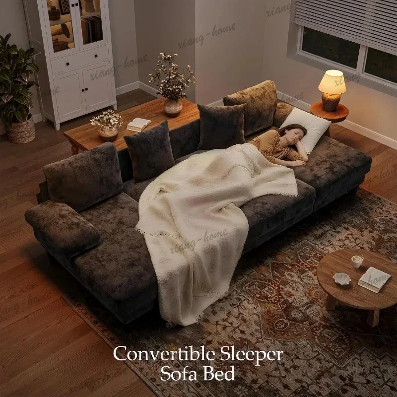 FG High Quality 112 Inch U‑Shaped Chenille Convertible Sleeper Sofa Bed with Pull Out Design for Living Room