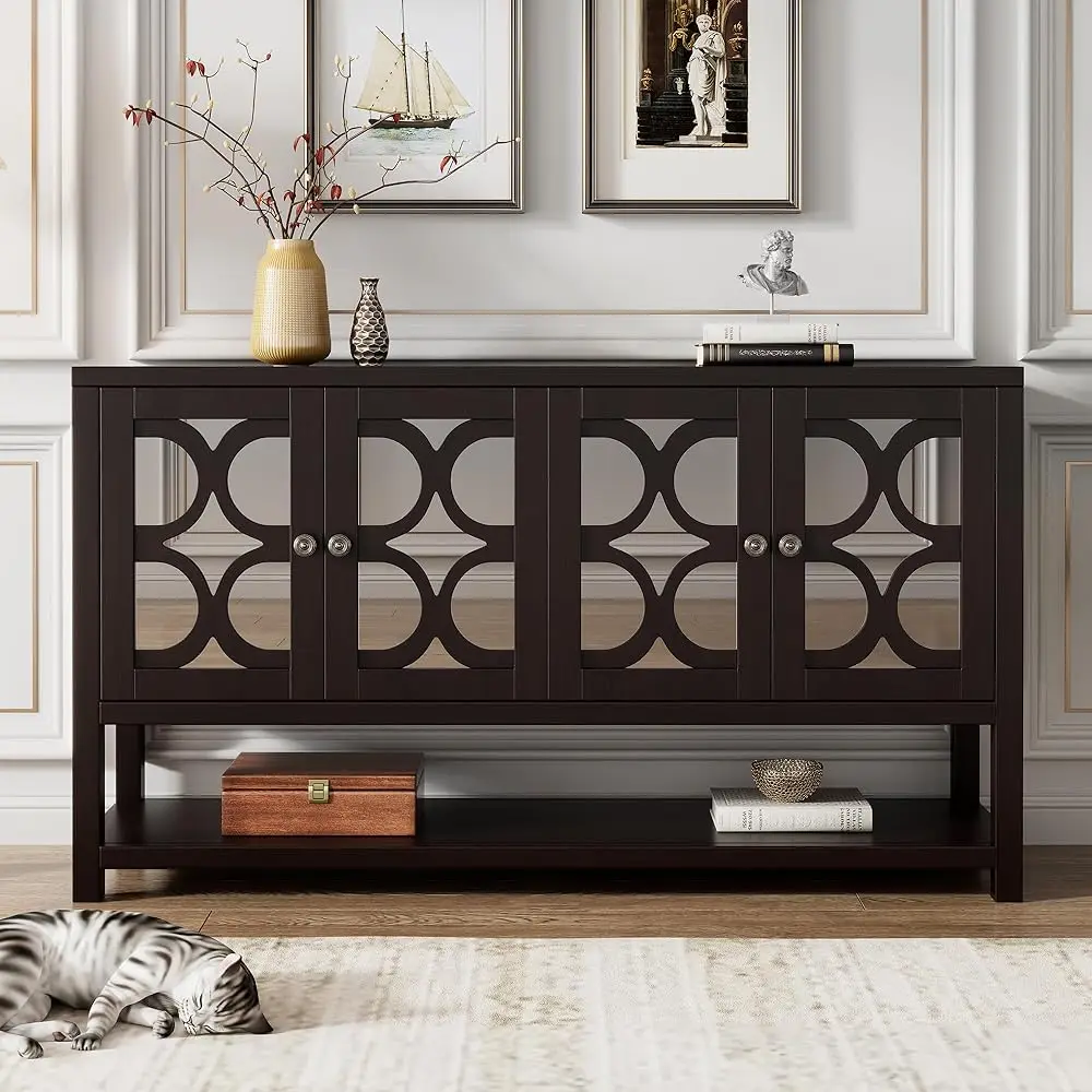 

Elegant Retro Console Table/Storage Cabinet/Sideboard With 4 Mirrored Doors, Functional Open Shelf And Durable Acacia Wood Legs