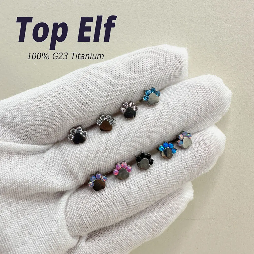 G23 Titanium Inner Threaded Cat Paw Shape Zircon Labret Stud Nose Rings Ear Cartilage Tragus Barbell Nose Piercing Jewelry