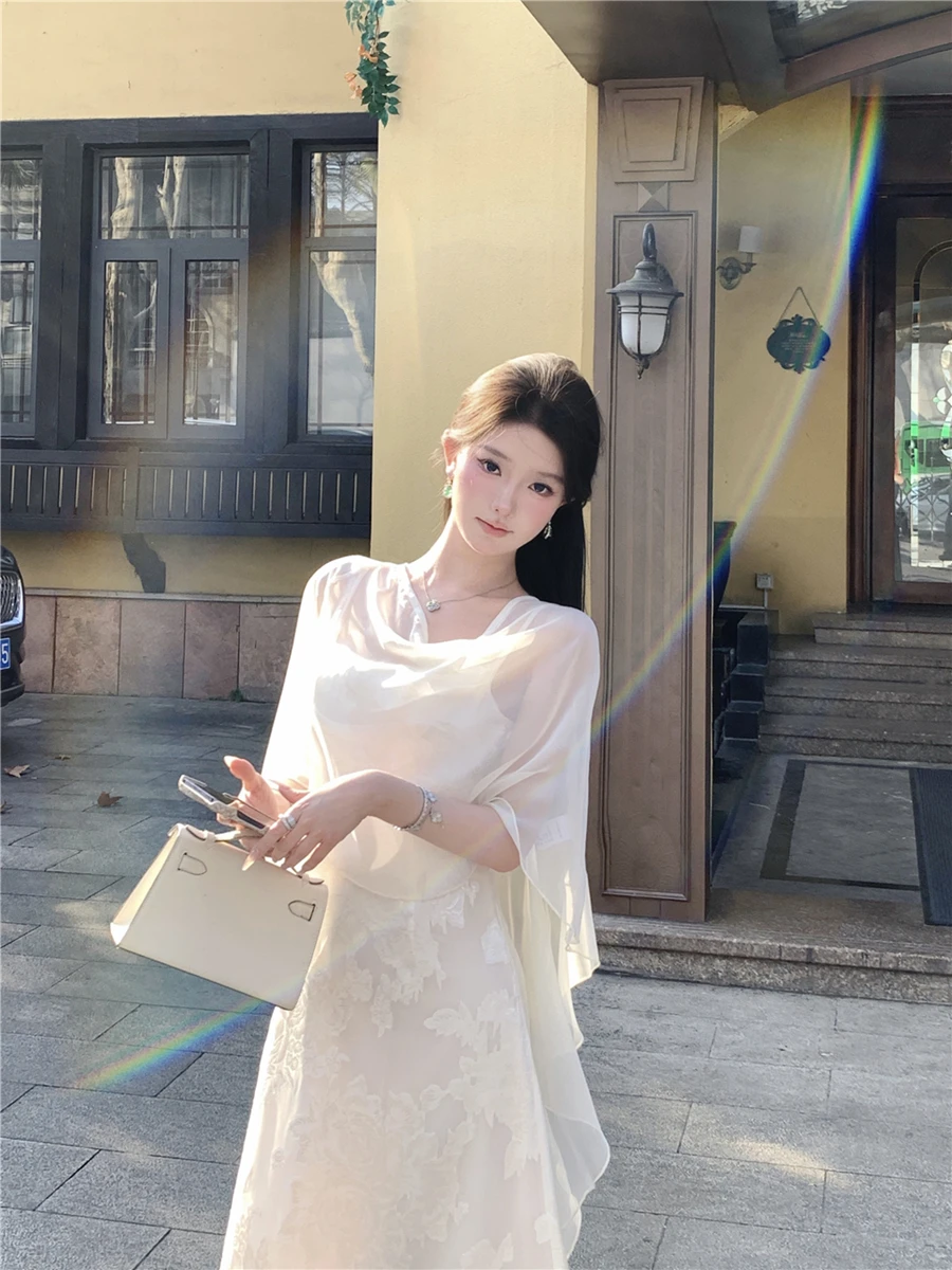 

Chic Minimalist Women's Summer Outfit Thin Cardigan Set with Floral Embroidery Strap Dress Two-Piece Set for Casual Commute
