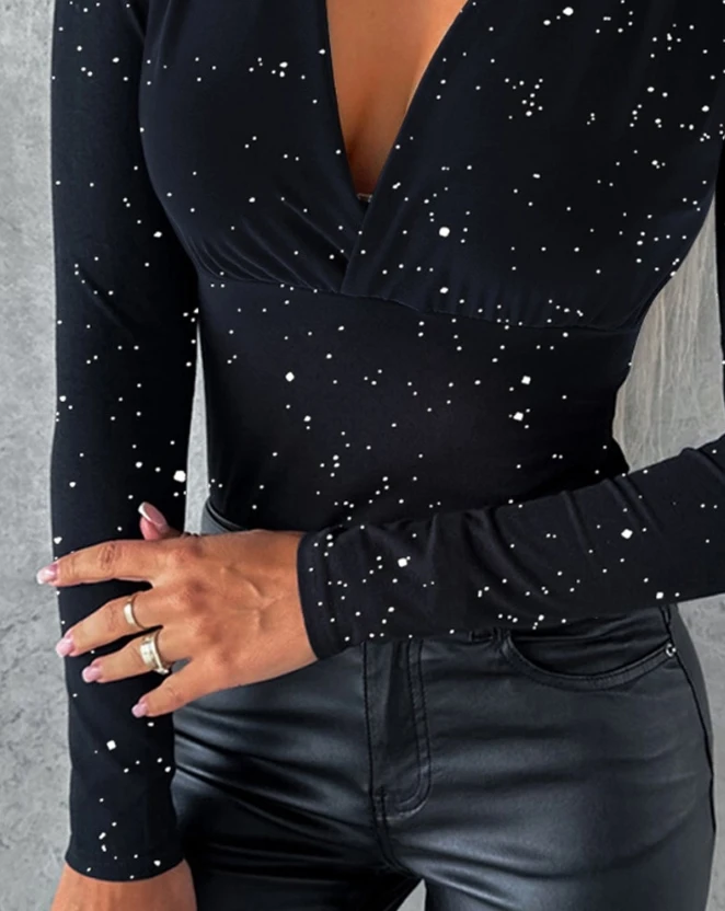 Camicette sexy Abbigliamento femminile T-shirt Pullover Top Glitter Plunge Increspato Top a maniche lunghe 2023 Autunno Primavera Nuova moda Casual