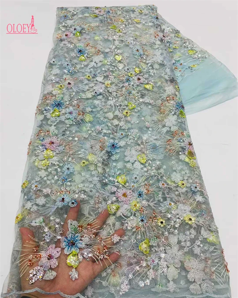

France High-End Luxury Elegant Handmade Beaded Lace Fabric Nigerian With Sequins Mesh Lace Fabric For Wedding Dress