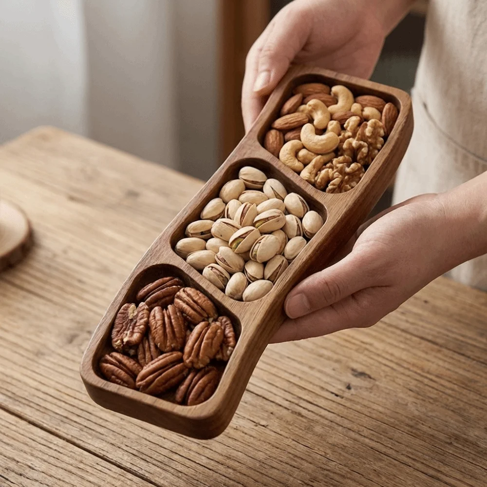 

Multi-Functional Curved Design Wooden Snack Tray Portable Decorative Nut Platter 3/4 Compartments Candies Tray Holiday Party