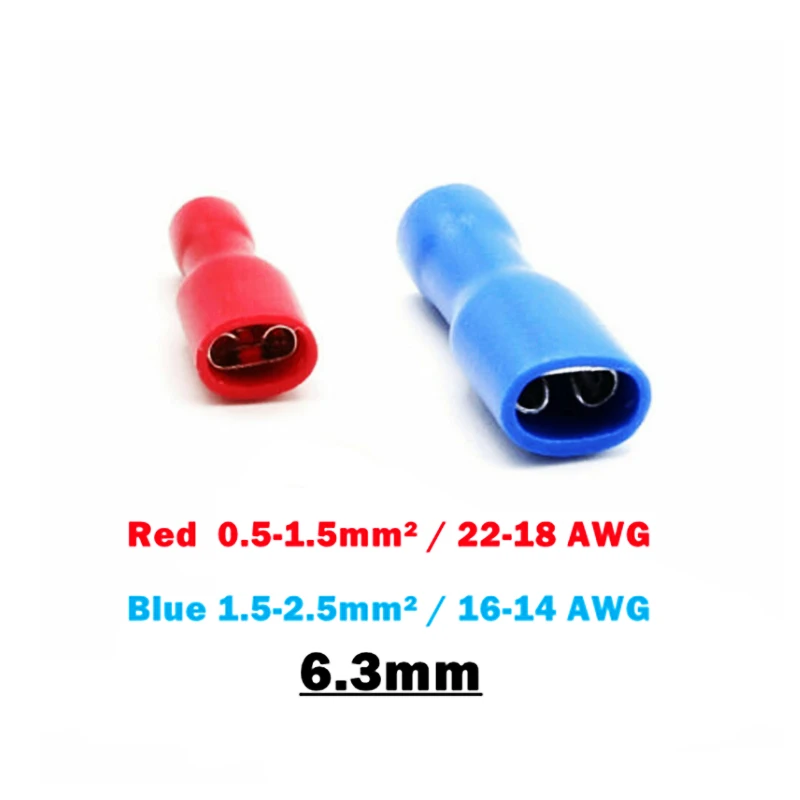 100Pcs FDFD 1.25-250 & FDFD2-250 6.3mm Red&Blue Female Spade Insulated Electrical Crimp Terminal Connectors Wiring Cable Plug