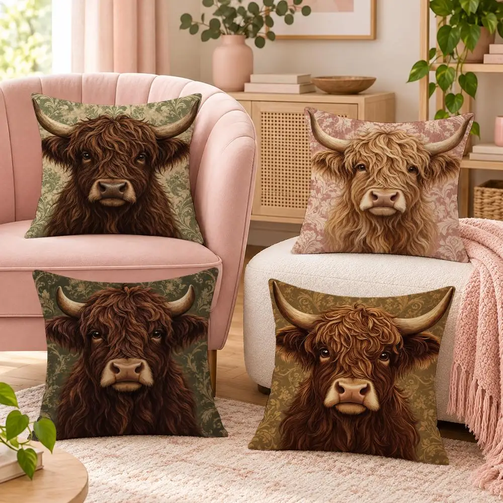 Highland Cows With Floral Pattern Cushion Cover Pillow Case Organic Short Plush Cushion Covers Washable Wrinkle-Resistant