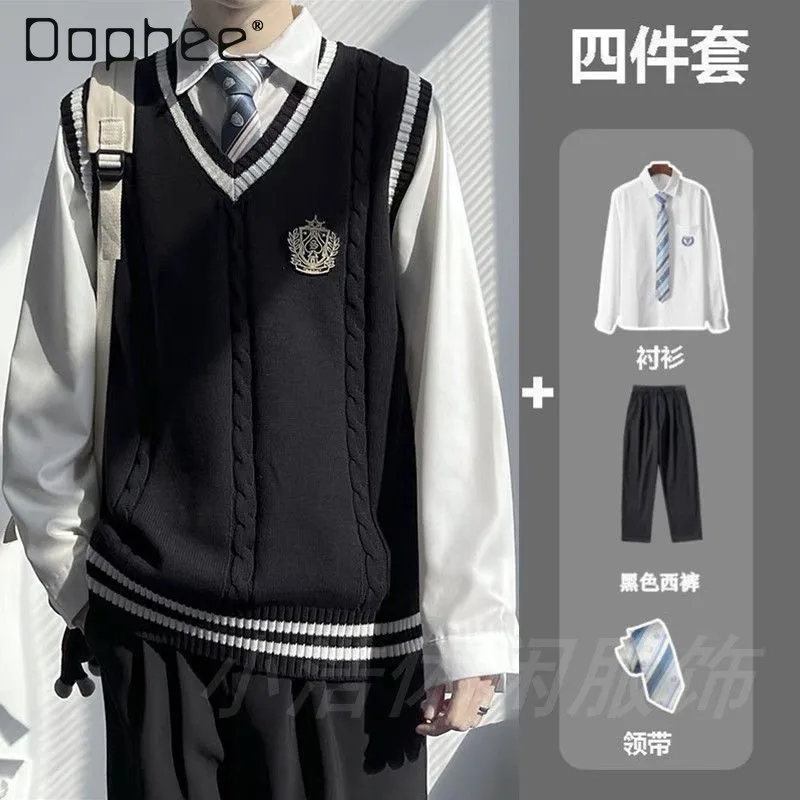 

2025 Spring and Autumn Japanese Style College Style Men's Uniform Loose V-neck Knitted Vest Black Trousers White Shirt Tie Set