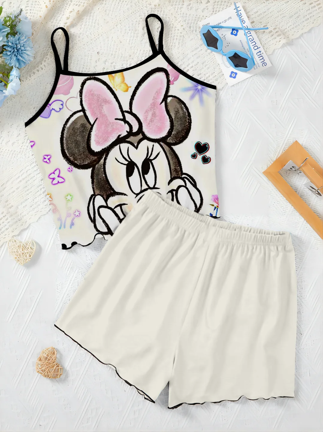 Kurze Sets für Frauen 2 Stück Minnie Maus Damen anzug Pyjama Rock Mickey Slip Kleid Disney T-Shirt Top elegante Disney Mickey