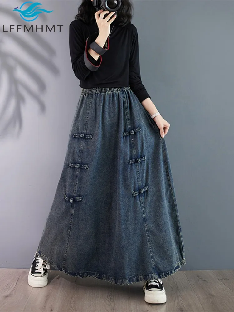 

Vintage Buckle Decoration Denim Dress Female Good Quality Elastic Waist A-line Loose Casual Frocks Elegant Womne's Clothes