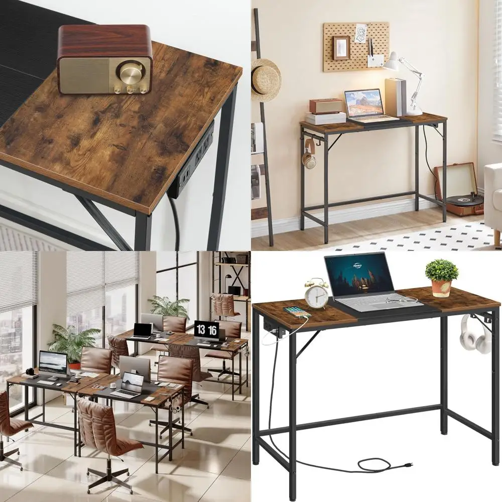 

Sturdy Rustic Brown & Black Home Office Desk with Power Outlet and 3 Hooks for Study Room