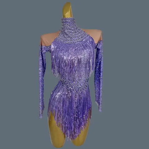 Sexy Stage Performance Bodysuit Sparkly Rhinestone Tassel Ladies Latin Dance Team Outfit Spandex Long Sleeved Bodysuit Latiao
