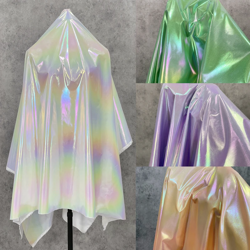 Rainbow Gradient Glossy Down Jacket Fabric Trendy No Wash Waterproof Laser Dazzle Glossy Leather Jacket Design Fabrics