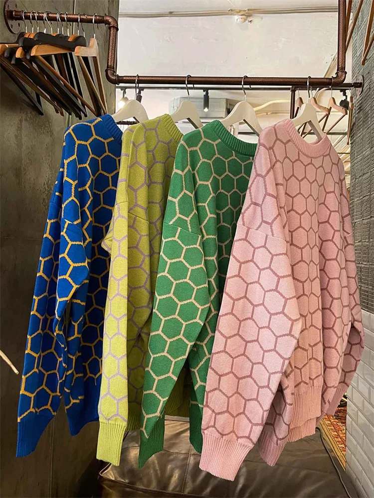 Loose Knit Sweater Pullover Female Fashion Long Sleeve Patchwork Contrast Streetwear Casual Women's 2024 Knitwear Pullover