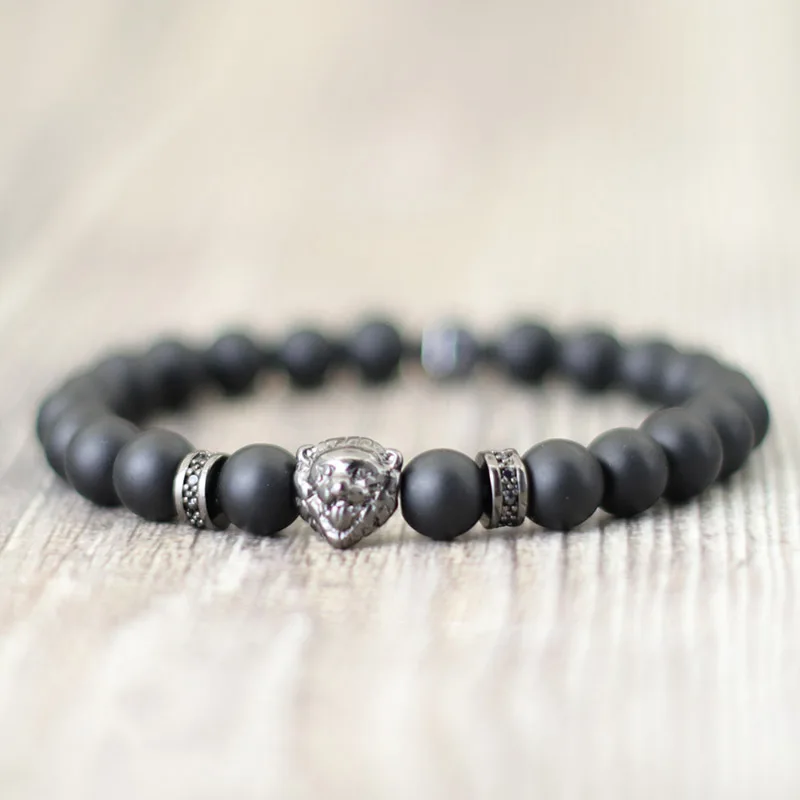 Fashion Black Matte Stone Bracelet For Men Gothic Skull Braclet Animal King Lion Wolf Braslet Male Punk Jewelry Hand Accessories