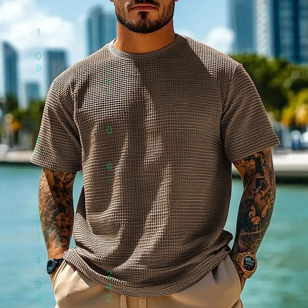 

Mens Summer Solid Brown Waffle Short Sleeve Crew Neck Tee Tops Shirts