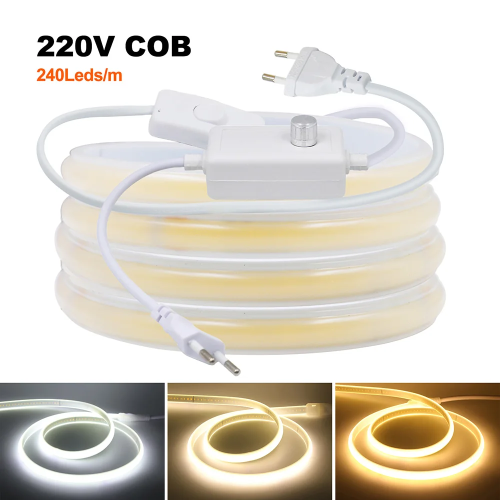 COB LED Strip Neon Light 220V 230V z ściemniaczem UE UK Power 240LED Elastyczne oświetlenie taśmowe Możliwość przyciemniania Wodoodporne oświetlenie