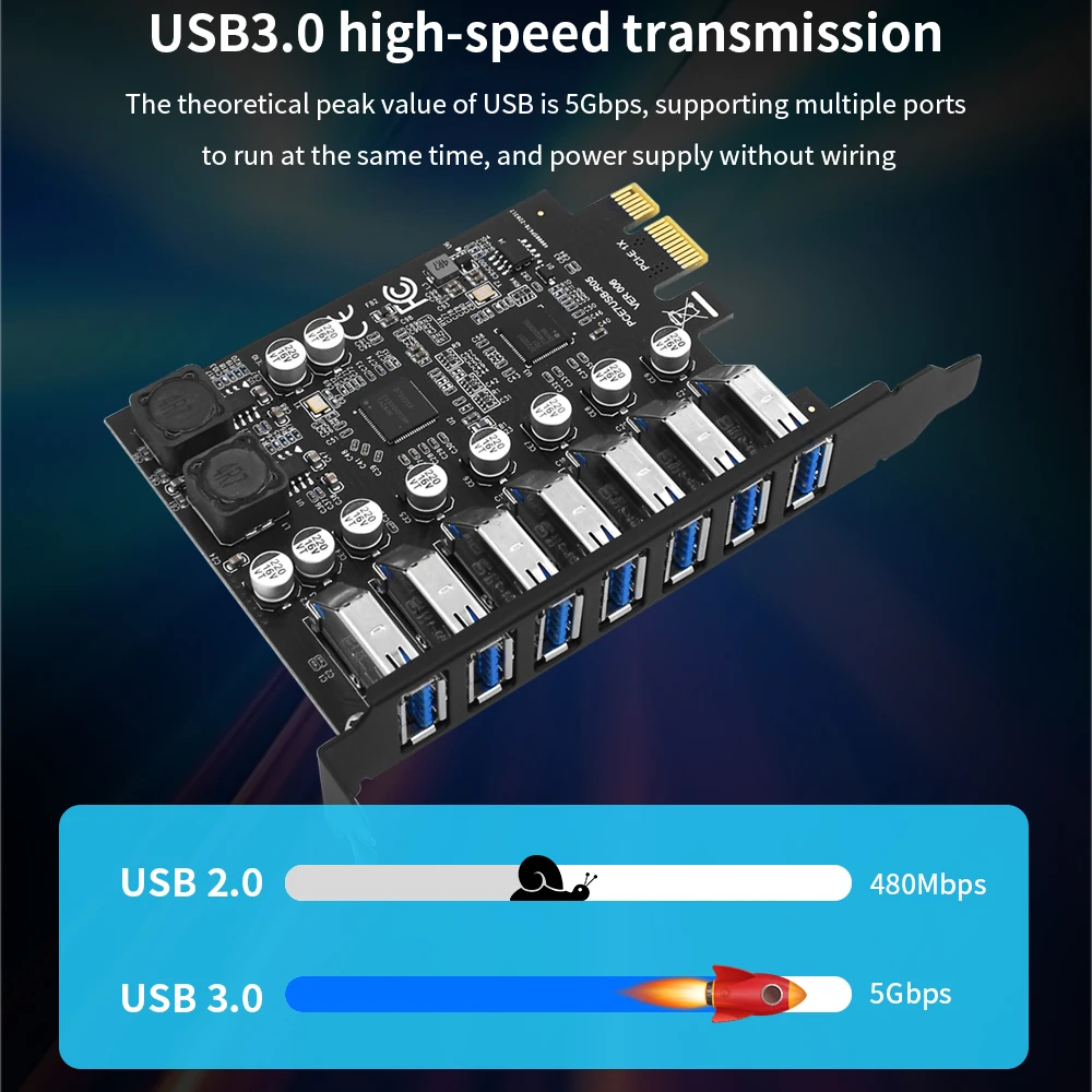 TISHRIC PCIE 1X To 7 USB Interface 3.0 Multiplier HUB Expansion Card Pci Express Slot 1x To 16x USB  Controller Add On Cards