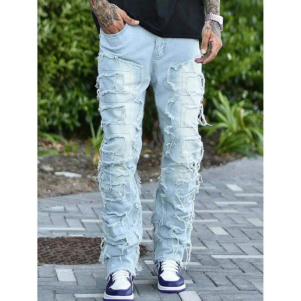 

Fashionable Denim Jeans Elastic Patchwork Straight Leg Long Trousers Cross-Border Natural Waist Cotton Daily Wear Black