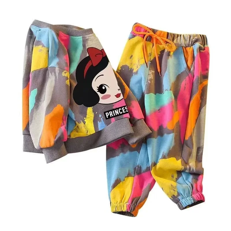 كنزة صوفية للأطفال بربطة عنق مصبوغة برسوم كرتونية ، توب وبنطلون ، أسفل ، بدلات رياضية بأكمام طويلة ، طقم ملابس أطفال ، ملابس أطفال ، الخريف ، 2