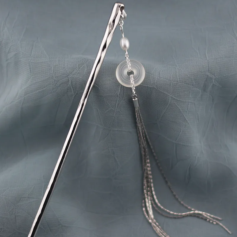 Premium Chinese Style Hanfu Hairpin Vintage Silver Tassel Safety Buckle Pearl Decor Hair Stick Traditional Ancient Hair Accessor