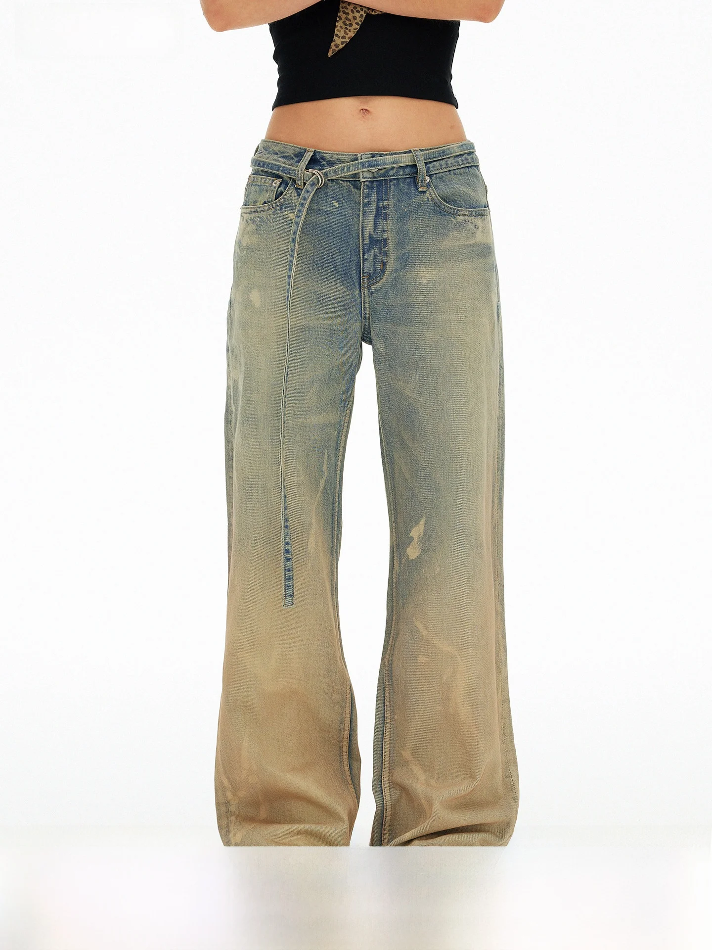 

AFTADAWN High Waist Loose Straight Leg Jeans Yellow Mud Dye Washed out Cotton Denim Pants with Belt Vintage Style Women's Jeans