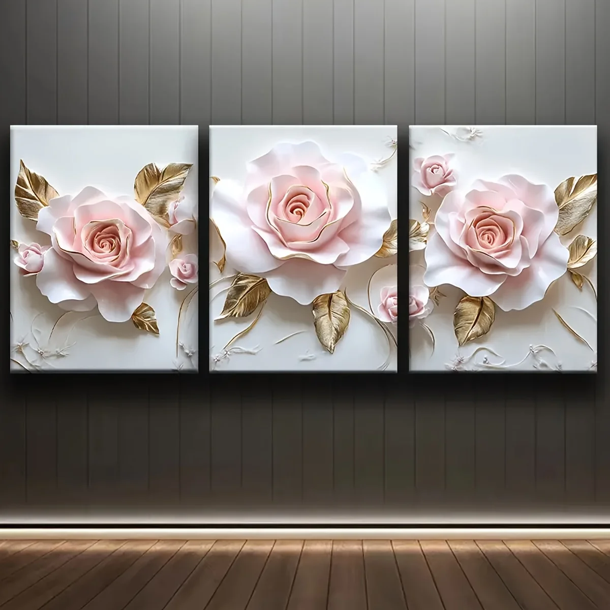 3pcs Pink Rose Canvas Wall Art, 3D Floral Art Panel, Frameless Wall Decor for Living Room, Bedroom, Kitchen, Bathroom, Bedroom W