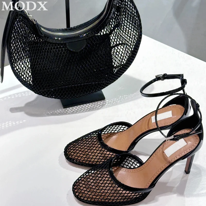 

High Quality 2024 Summer New Mesh Heels Round Head Hollow Breathable Sexy Sandals Luxury Sheepskin Stiletto Runway Single Shoes