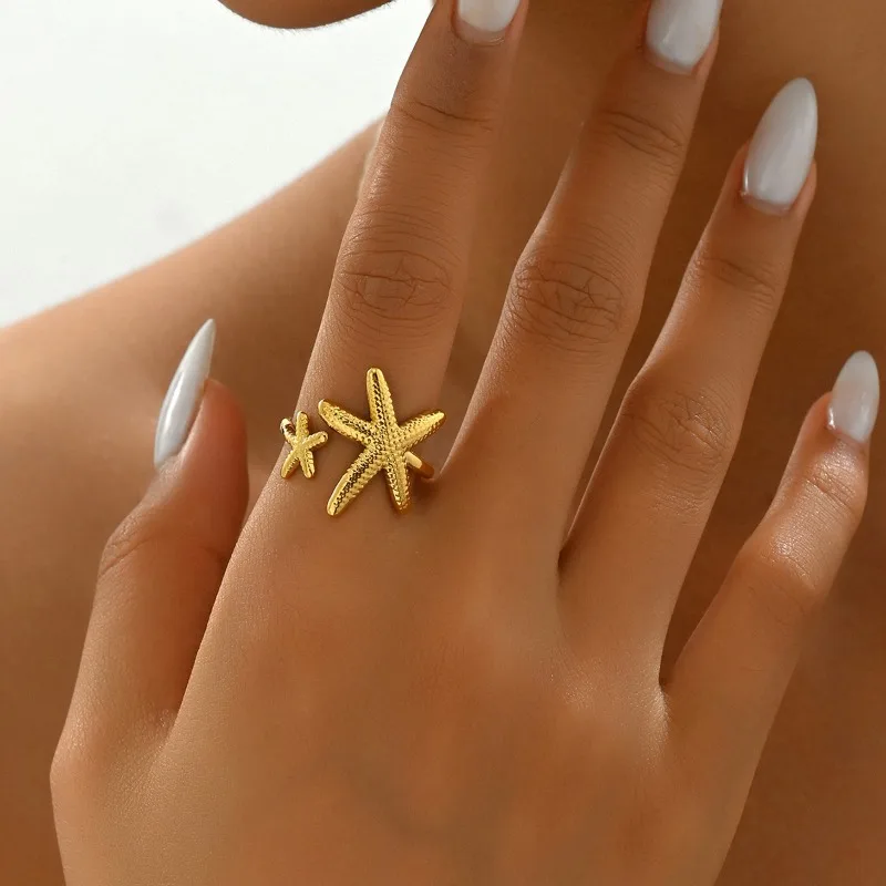 Retro Silver Color Irregular Starfish Stainless Steel Ring Boho 18K Gold Plated Opening Adjustable Rings for Women Jewelry Gift