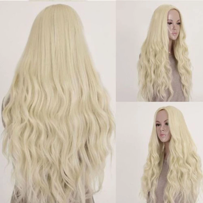 Women 70cm Full Wig Light Blond Long Curly Wavy Hair for Party Cosplay