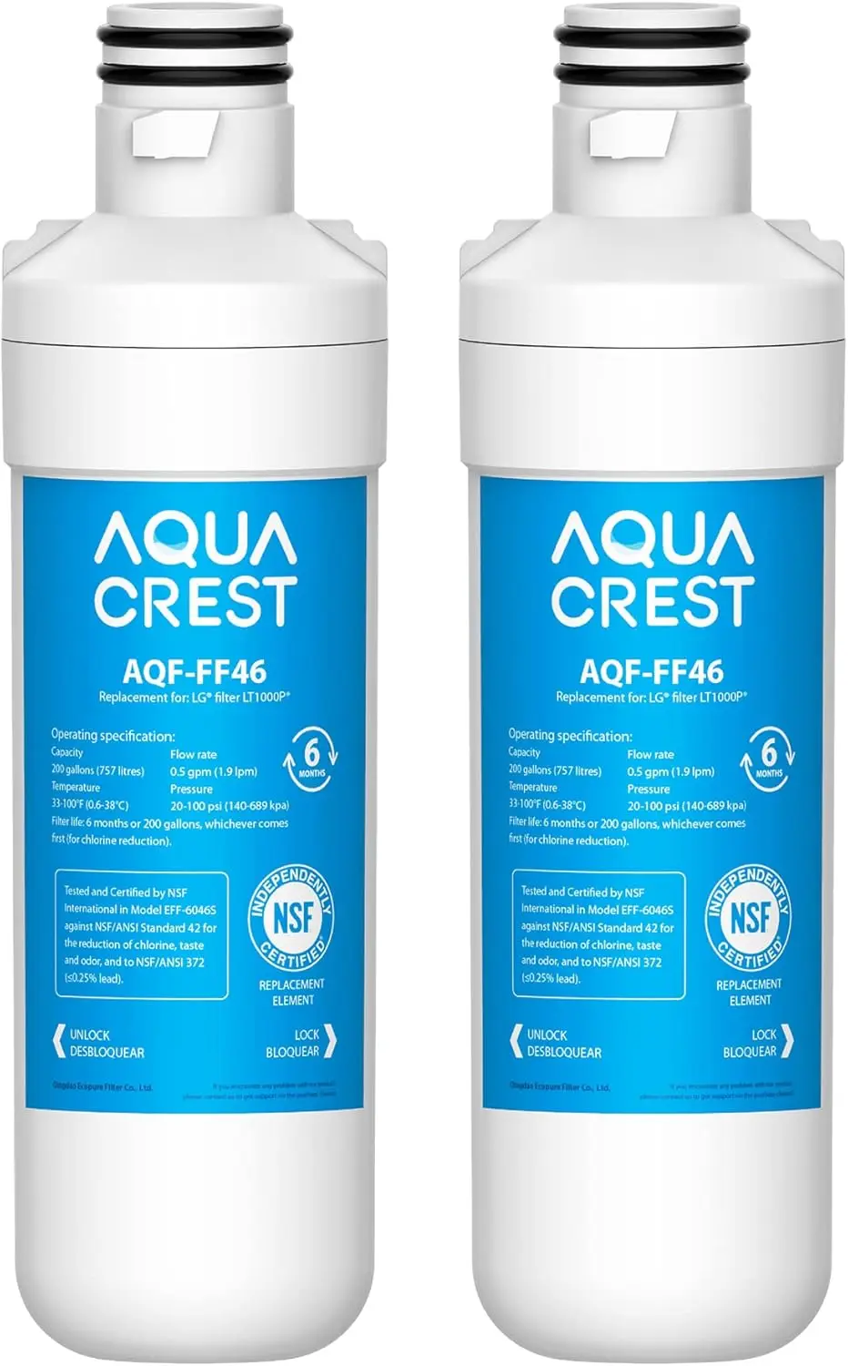 AQUA CREST LT1000PC ADQ747935 MDJ64844601 NSF Certified Refrigerator Water Filter, Replacement for LG® LT1000P®, LT1000PCS