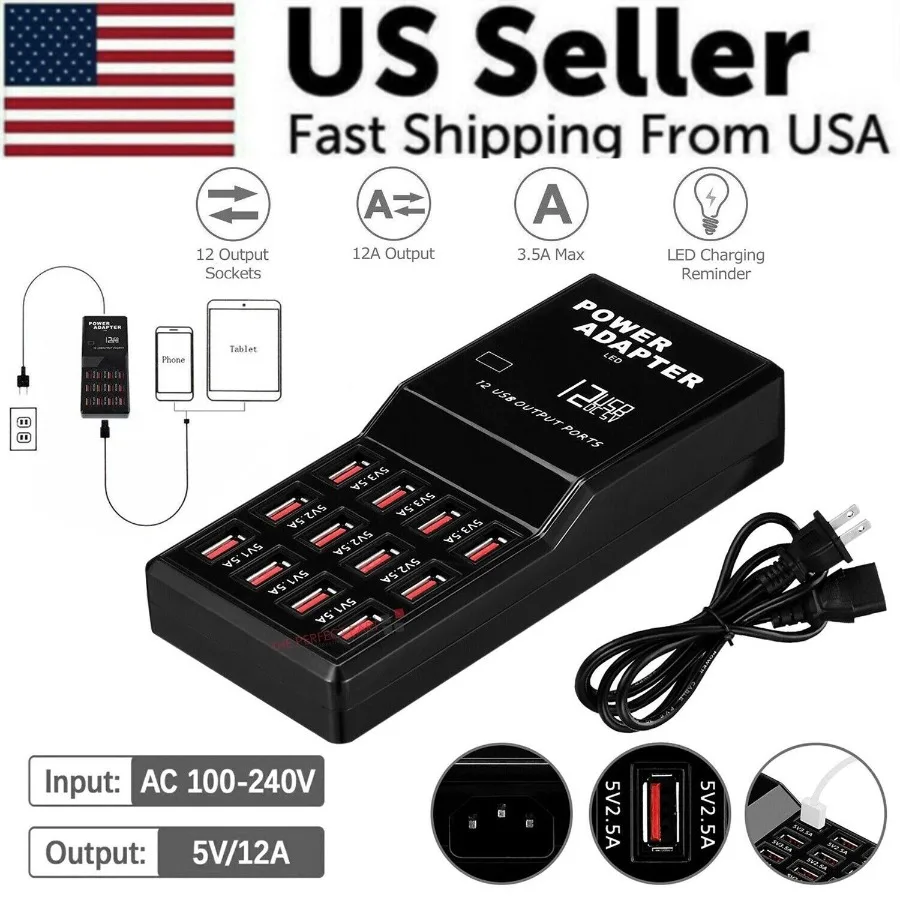 

Multi 12 Port USB Charging Station Hub Desktop Wall Cell Phone Charger Organizer