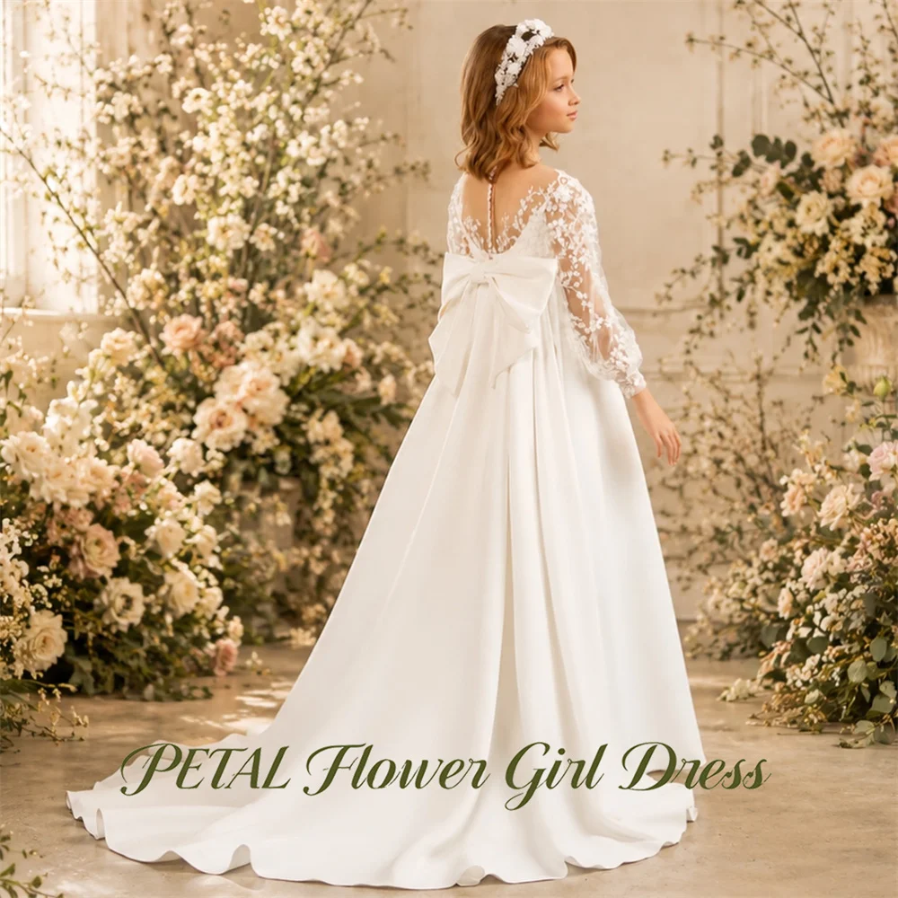 Petal Ivory Children Birthday Wedding Dresses Round Neck A Line Sheer First Communion Gown Lace Long Sleeve Girls Princess Dress