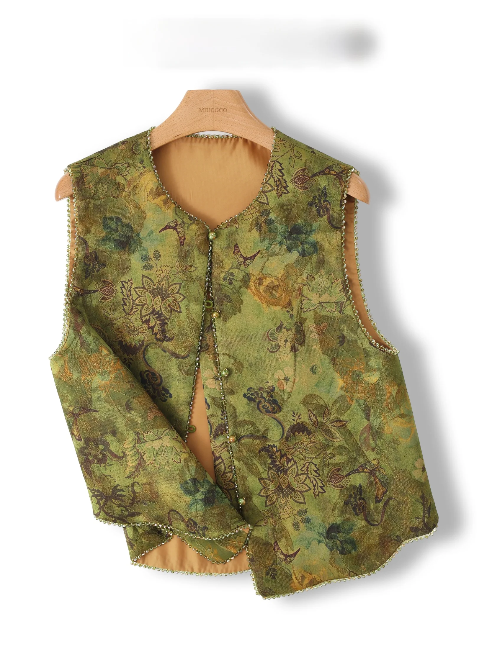 

Elegant Green Floral Embroidery Women's Vest Retro Shoulder Pad Top Chinese National Style City Commute Party Wear Short Sleeve