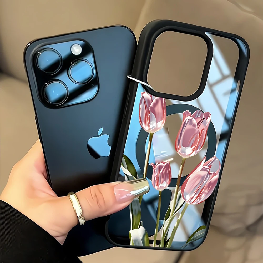 Tulpenblumen-Klarsichthülle für Magsafe iPhone 15 16 Pro Max 17 16 15 14 11 13 12 Pro Max Plus Hüllen Magnetisches Kabelloses Laden Coque – Detail 9
