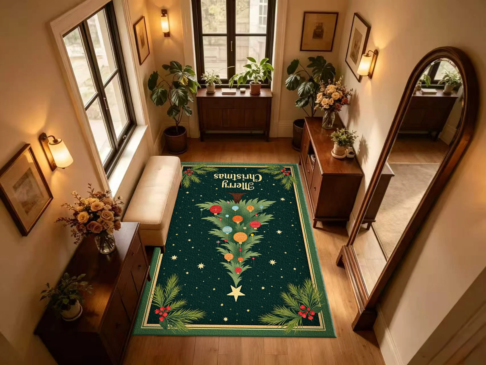 Merry Christmas Xmas Tree Holiday Carpet Flooring Vintage Art Printed Area Rug for Home Indoor Festival Decoration